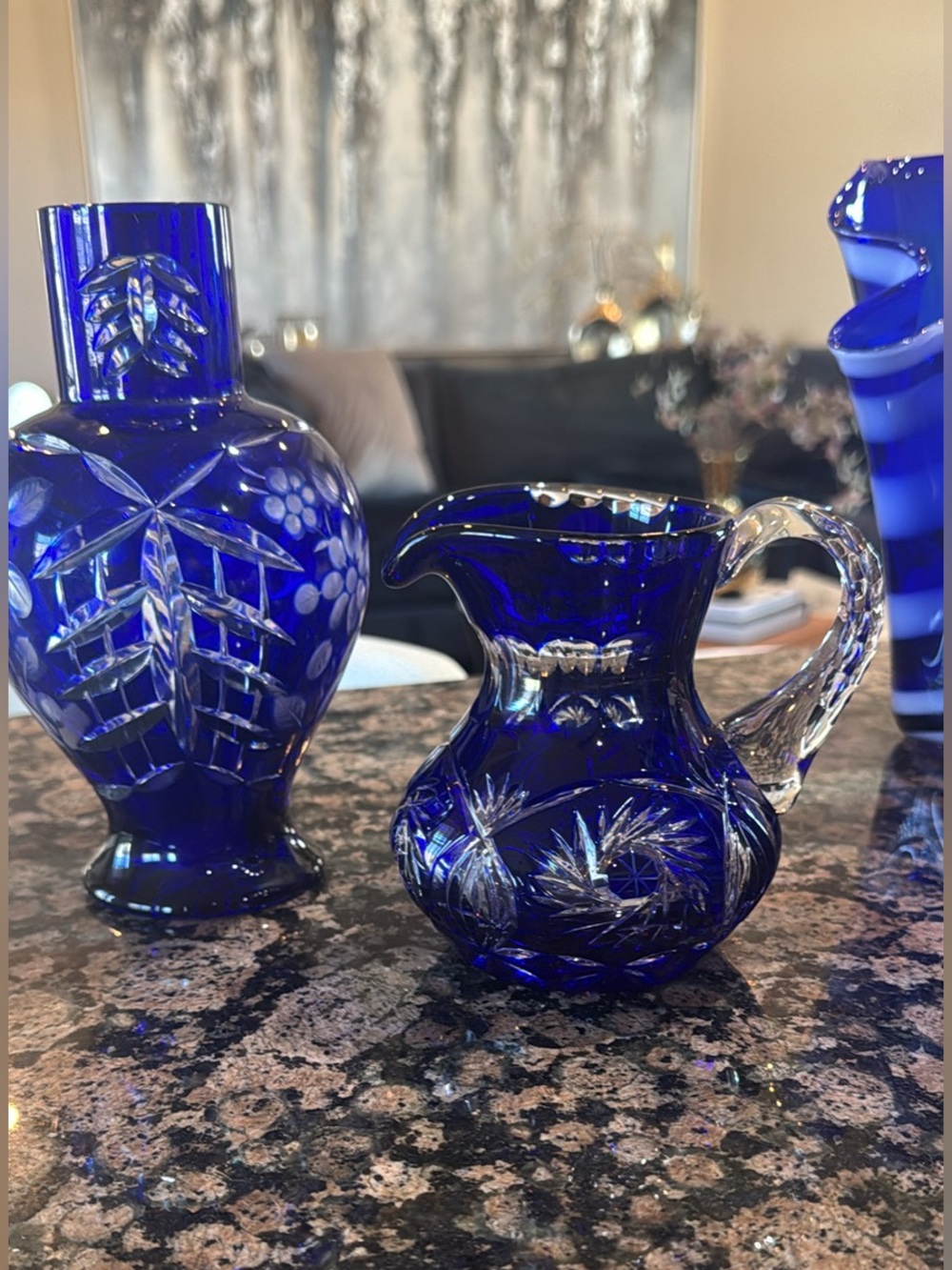 Bohemian Cobalt Blue Cut To Clear glass vase and pitcher